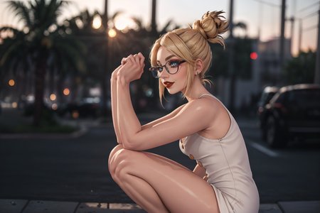 (masterpiece, best quality, highres, picture-perfect, 3D, high resolution:1.2), action shot, (from side:1.3), (Squatting, hands resting on thighs:1.4), (1girl),  AS-YoungV2, (18 year old), blonde hair, ((with a edgLevitating_hairstyle, top knot)), (((petite figure, fit build, (narrow hips), (skinny legs), thigh gap):1.2)), (thick glasses, Button-front dress:1.3), A vibrant Miami beach scene with palm trees and Art Deco architecture, backlighting, detailed face, soft lighting, HairDetail, SkinDetail, Style-DoF, <lora:Sexy-Ukrainian:1>  <lora:LowRA:0.6> <lora:microwaistV05:0.325> <lora:breastsizeslideroffset:0.5>  <lora:backlight_last:0.8> <lora:actionshot:1>  <lora:LECO_LessCrotch:0.5>  <lora:edgLevitating:0.8>