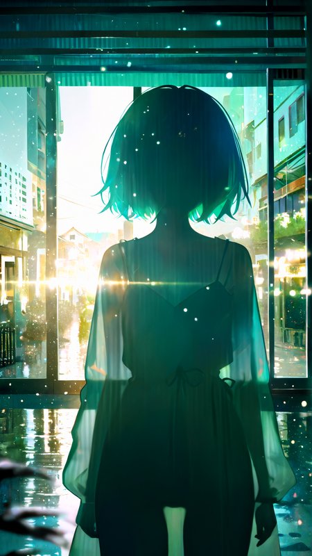 masterpiece, newest,absurdres,incredibly absurdres, best quality, amazing quality, very aesthetic, volumetric lighting, abstract, 
light particles, 1girl, blurry foreground, see-through silhouette, scan artifacts, town, (green hue:0.6), realistic,
<lora:CHOo_illu:1> CHOo1NE_illu,