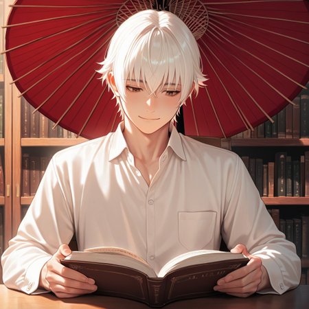 masterpiece, best quality, amazing quality, absurdres, newest, detailed background, definition so sharp, Ultra-HD, 8K cinematic, very awa, impressionate, amazing quality, highres, 
solo, male focus, manly, 
yashiroisana, 1boy, short hair, bangs, shiro_white hair, shiro_brown eyes, oil-paper umbrella, seated, reading a book, calm expression, slight smile, aesthetic, library, soft light, bookshelves, peaceful, joyful, gentle