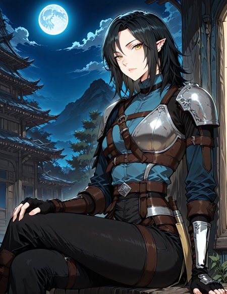 <lora:Helen_Shard__The_Beginning_After_the_End__Illustrious:1>
1 girl, solo, elf, pointy ears, black hair, medium hair, yellow eyes, blue shirt, pants, fingerless gloves, armor, shoulder armor, belt, ear piercing,
blue shirt, pants, fingerless gloves, armor, shoulder armor, belt, ear piercing,
(Anime_source),Masterpiece,(perfect female body:1.2), small waist,(incredibly detailed:1.4), slim, beautiful fingers, parted lips, looking at viewer, sitting , crossed legs, dynamic pose, night, blue moon, <lora:iLLMythG0thicL1nes:1>