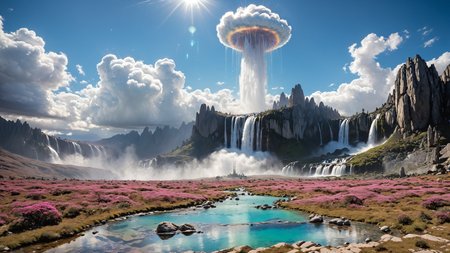 alien landscape, Prismatic waterfalls cascading into shimmering pools, Granite peaks piercing fluffy white clouds , alien [flora:fauna:0.5], Spotlighting, <lora:Ive_Got_The_Power:0.8>, <lora:cine:0.7> cin3, <lora:xl_more_art-full_v1:0.4>
