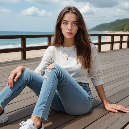 score_9_up, score_8_up, score_7_up,score_6_up, rating_questionable, style comic book,
 <lora:hannah_nobody_pxl:0.8> , hannah, long hair, brown hair, blue eyes, freckles, medium breasts, mole, 
<lora:0966 Home wear 13_v1_pony:1> , ruanyi0966,torn jeans,white shirt,black pantyhose, sneakers, 
relaxed pose, dynamic pose, lounging, wide eyes, puckered lips, looking at viewer,
beach, boardwalk, docks, leaves, rocks, wooden floor, fence, clouds, lens flare
