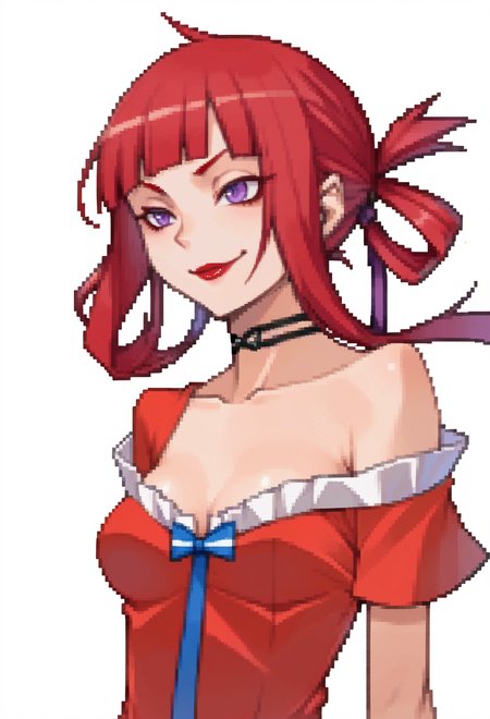 score_9, score_7_up, source_anime, solo, BREAK  <lora:zs_DevilSurvivorPortraitsXL:1> devilsurvivorportraits, portraits, white background, cleavage, choker, red dress, off shoulder,, seductive smile, red lips, 1girl, purple eyes, red hair, blunt bangs, low hair rings, medium breasts,