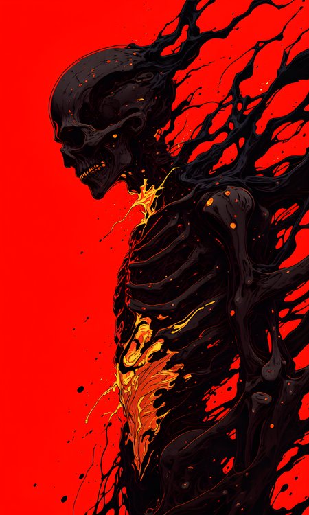 The image is a highly stylized and abstract depiction of a skeletal figure, rendered in bold, fiery colors. The background is a vivid red, which serves to highlight the dark, almost black form of the skeleton. The skeleton appears to be composed of swirling, molten material, giving it a sense of movement and fluidity. The bones are not clearly defined, but rather seem to be melting or flowing into each other.
The camera appears to be positioned at an angle, capturing the skeleton from a side perspective. This angle emphasizes the contours and curves of the skeletal form, adding to the dynamic quality of the image. The lighting is dramatic, with strong contrasts between the bright red background and the dark, shadowy areas of the skeleton. The light seems to be coming from within the skeleton itself, as if it is glowing with an inner fire.
The background is entirely red, with no other objects or elements present. This solid red backdrop serves to isolate the skeleton and make it stand out even more. The use of negative space enhances the impact of the fiery colors and the intricate details of the skeletal form.
The composition centers the skeleton in the frame, with the lines and curves of the bones leading the viewer's eye across the image. The use of color and texture creates a sense of tension and unease, making the image feel both powerful and unsettling. The overall effect is one of raw energy and intensity, evoking a range of emotions in the viewer.
BREAK anime, d13s3lp2nk, bboil artist style, OBdonman, Anime art, <lora:FLUX\Anime Art V3:0.2>, <lora:FLUX\Synesthesia:0.2>, <lora:FLUX\RetroAnimeS1.1:0.5>, <lora:FLUX\Flux-jijia:0.1>, <lora:FLUX\It's a LoRA for portraits, BUT! actually specialized in backgrounds. v1.0:0.1>, <lora:FLUX\GLSHS:0.2>, <lora:FLUX\Dieselpunk Delight - s0_9 g4:0.4>, <lora:FLUX\OBdonman, anime0style portrait:0.1>