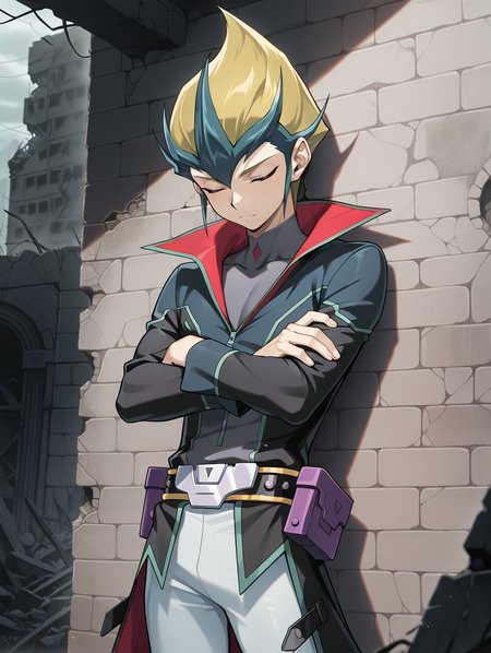 kite tenjo,1boy,male focus,solo,crossed arms,closed eyes,closed mouth,black coat,white pants,grey high collar shirt,cowboy shot,belt pouch,duel academy uniform,against wall,brick wall,outdoors,ruins,
masterpiece,best quality,amazing quality,very aesthetic,absurdres,newest,<lora:Galaxy-Eyes Prime Photon Dragon illuXL v2.3:0.75>,