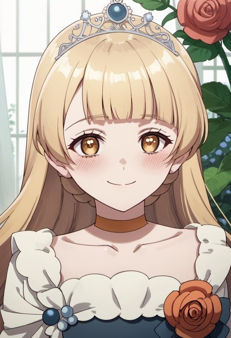 score_9, score_8_up, score_7_up, source_anime, tiara royal ivy, long hair, blonde hair, yellow eyes, 1girl, solo, choker, blush, smile, collarbone, flower, blunt bangs, dress, rose, braid