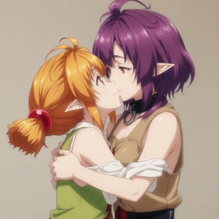 score_9, score_8_up, score_7_up, score_6_up, score_5_up, score_4_up, source_anime, 2girls
1st girl= Roxanne, blonde hair, brown eyes, orange hair, shiny hair, dog girl, floppy ears, soft smile.
2nd girl= Sherry, short hair, red eyes, twintails, purple hair, small breasts, pointy ears, soft smile.
2girls hug and kiss each other tightly.