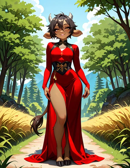 masterpiece, best quality, very aesthetic, absurdres,
outdoors, dressed,
standing, posing, 
full body, seductive smile, parted lips, long eyelashes,
<lora:Manitka_Storm_v01_NAIXL:1>
Man1tkaStorm,1gilr,solo,furry,furry female,cow girl,cow ears,cow horns,short hair,black hair,hair between eyes,brown hair,body fur,brown fur,cow tail,hooves,