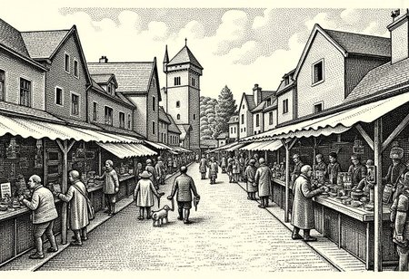 A bustling medieval marketplace, stippled illustration in the style of STPPLD, filled with merchants, townsfolk, and animals, with textured stalls and wooden carts set against a backdrop of ancient stone buildings