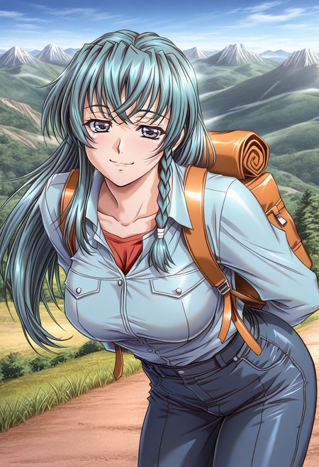 masterpiece, best quality, newest, highres, uncensored, 1girl, yokota mamoru style,1girl, slender face，motion lines, ,Kisaragi Shizuka,Long hair,Teal hair,Tiny Braid,Violet eyes,large breasts,
mountain trail, hiking, nature, backpack, adventure, fresh air, , looking at viewer, bent over, smile, smug,, solo,, cowboy shot, dutch angle
