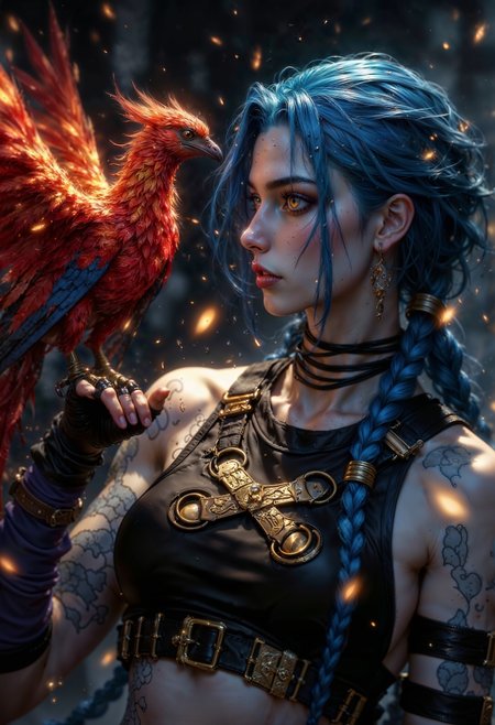 JinxA, a woman with fair skin and long, blue hair adorned with intricate braids and golden accessories. She is dressed in crop top. Her expression is serene and focused as she gazes at a vibrant, mythical phoenix perched on her hand. The phoenix is depicted with fiery red and orange feathers, exuding a warm glow that illuminates the scene. The background is a blurred, dark setting with floating embers, enhancing the mystical atmosphere. <lora:FluxMythP0rtr4itStyle:0.6> <lora:Midjourney_Dreamlike_Fantasy_FLUX_LoRA:0.6> <lora:Elden_Ring_-_Yoshitaka_Amano:0.33>
<lora:FluxJinxV2:1>