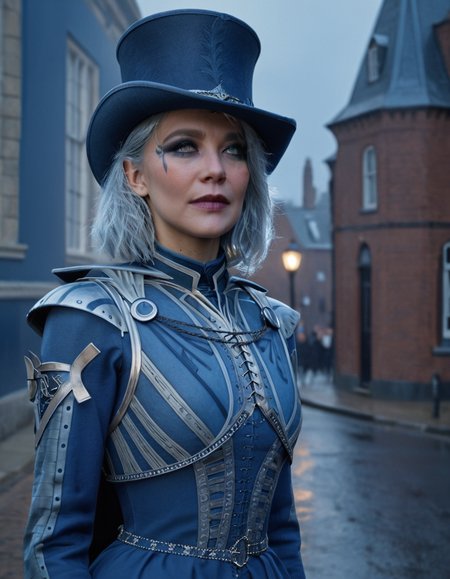 cinematic still 1girl, solo, silver hair, makeup, blue dress, town, top hat . emotional, harmonious, vignette, 4k epic detailed, shot on kodak, 35mm photo, sharp focus, high budget, cinemascope, moody, epic, gorgeous, film grain, grainy, 1girl, solo, silver hair, makeup, blue dress, town, top hat, cinematic, stunning, highly detailed, artistic, imposing, complex, sharp focus, open background, light shining, amazing, elegant, intricate, symmetry, perfect composition, clear scientific, professional, extremely stylish, thought taking, iconic, best, contemporary, deep color, ambient, vivid colors