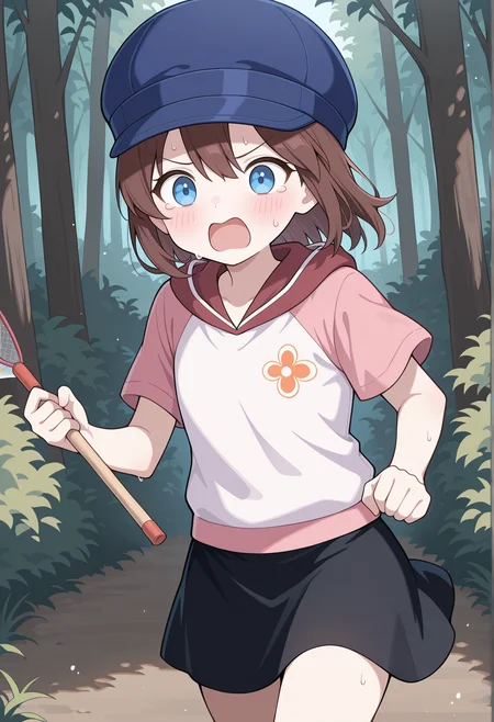 1girl, solo, brown hair, short hair, blue eyes, blue cap, hoodie, short sleeves, black skirt, floral print, outdoors, forest, running, sweat, cowboy shot, holding butterfly net, tired, XD, <lora:helga_saru_getchu:1>, masterpiece, best quality, amazing quality, very aesthetic, absurdres, highres, newest