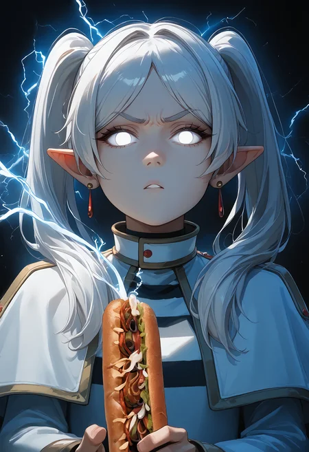 score_9, score_8_up, score_7_up, source_anime BREAK <lora:ruinedorgasm-concept-richy-v1_pdxl:1> pov, 1girl, 1boy, looking at viewer, parted lips, cum, projectile cum, ejaculation, erection, twitching penis, angry, closed mouth, hand up
 <lora:ChamFrierenPonyXLCame:1> FrierenBase, white hair, long hair, twintails, earrings, white capelet, striped shirt, long sleeves, <lora:KYS_XLPD:1> IncrsLowTier, white eyes, glowing eyes, no eyes, electricity, upper body, dark, black background, <lora:EatfreshPDXL:1> eatfresh, subway, sandwich