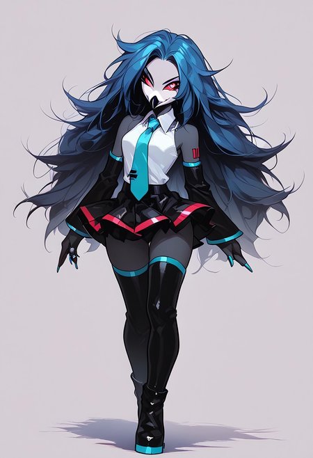 score_9, score_8_up, score_7_up, score_6_up, 1girl, solo, octavia, octavia, avian bird demon owl owl_demon, beak, red sclera, from hellova boss, anthro furry, long blue hair, twin tails, holding microphone, perfect face, perfecteyes, sexy, sexy girl, beautiful eyes,  dancing, dynamic angle, full body shot, red eyes, glowing eyes, pop star, singing, <lora:hatsune-miku-cosplay-ponyxl-lora-nochekaiser:1>, hatsunemikucosplay, hatsune miku \(cosplay\), aqua necktie, black footwear, black skirt, black sleeves, boots, collared shirt, detached sleeves, grey shirt, necktie, pleated skirt, shirt, skirt, sleeveless, sleeveless shirt, thigh boots, tie clip,
