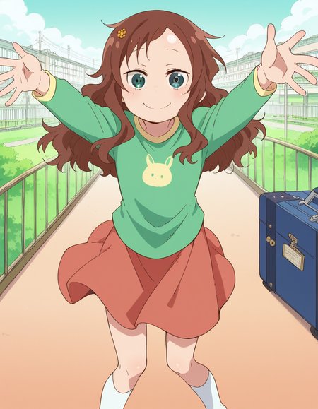 score_9, score_8_up, score_7_up, source_anime, <lora:riko-saikawa-s2-ponyxl-lora-nochekaiser:1>, riko saikawa, long hair, brown hair, green eyes, hair flower, hair ornament, flower,, skirt, shirt, long sleeves, red skirt, white socks, green shirt,, airport, waiting area, suitcase, flight delayed, passengers, reading book, smile, looking at viewer, on back, arm support, arms up, incoming hug, pov, reaching, reaching towards viewer,, solo,, dutch angle,
