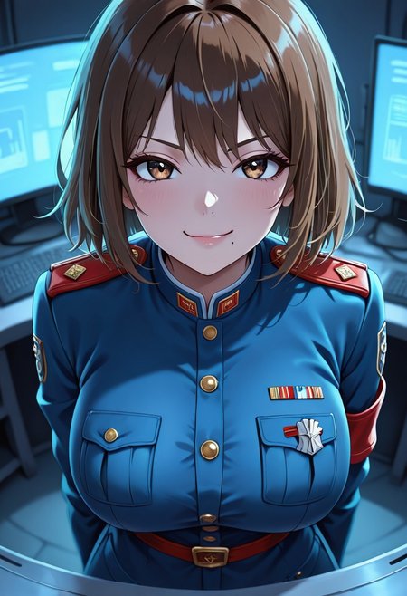 masterpiece, best quality, good quality, very aesthetic, absurdres, newest, 8K, depth of field,  in the style of cknc, artist:moriimee, in the style of cksc, 
1girl,kyouko_fujibayashi, short brown hair, brown eyes, mole under mouth, large breasts, military uniform, red accents, standing in command room, confident smirk, looking at viewer, from front
BREAK
military base, white consoles, screens glowing
BREAK
anime style, vibrant colors, high contrast, dynamic light, sharp outlines, rich details