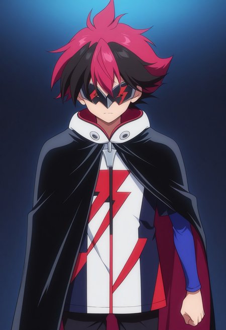 masterpiece,best quality,amazing quality, source_anime,
hiroryuga, 1boy, male focus, solo, multicolored hair, red hair, black hair, eye mask, hoodie, white hoodie, hood, cape, black cape, lightning bolt print, blue shirt, short over long sleeves,