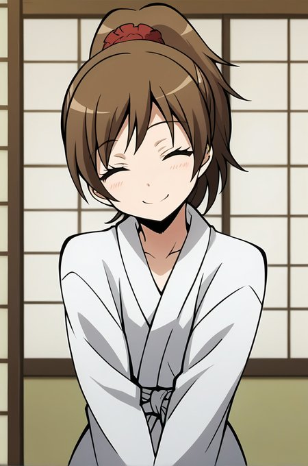 score_9, score_8_up, score_7_up, score_6_up, score_5_up, score_4_up, source_anime, BREAK 1girl, <lora:Yada_Toka:1>, yadatoka, brown hair, high ponytail, red scrunchie, white yukata, closed eyes, smile, head tilt, v arms, japanese room
