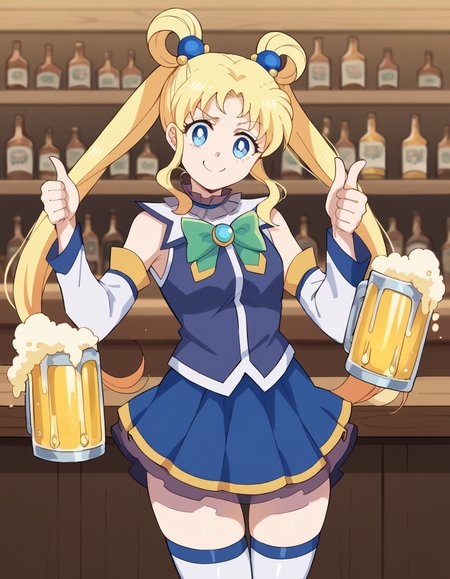 score_9, score_8_up, score_7_up, source_anime, <lora:usagi-tsukino-eternal-movie1-ponyxl-lora-nochekaiser:1>, usagi tsukino, blonde hair, blue eyes, double bun, hair bun, hair ornament, long hair, twintails, circlet, parted bangs,, <lora:aqua-cosplay-ponyxl-lora-nochekaiser:1>, aqua cosplay, aqua (konosuba) (cosplay), skirt, shirt, thighhighs, bare shoulders, detached sleeves, white thighhighs, blue skirt, blue shirt, green bow,, bar, beer, beer mug, thumbs up, smile, smug, holding beer mug,,
