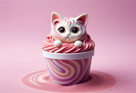 A cute chibi cat with big eyes on in a ice cream swirl inside a ice cream container, sandswirl, swirling sand