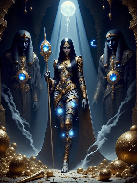 movie poster-style digital painting with an ancient egyptian fantasy theme, intricate details, sfumato, in the foreground, a gorgeous egyptian female pharaoh with a beautiful symmetrical face and long straight silky black hair, wearing a golden circlet with an ornate scarabaeus in the middle and heavy ancient egyptian-style makeup with eyeliner and eyeshadow, she is walking towards the viewer wrapped in magically glowing mummy bandages in front of an intricately designed tomb, the dimly lit surrounding is lavishly filled with luxurious treasures - beautiful golden statues, eldritch glowing relics, and precious brilliant gems - strewn across the ancient stone floor, swirls of magically glowing vapors float through the tomb, a narrow ceiling opening casts soft beams of moonlight across the chamber, adding a cold, ethereal quality to the scene, surrounding the mummy, the treasure piles glitter faintly, with the cold moonlight enhancing the contrast between the gleaming riches and the time-worn environment of the ancient tomb, towering dark anubis statues with their iconic jackal heads loom in the background, their imposing black and golden figures casting long, eerie shadows that stretch across the walls, heightening the ancient, mystical atmosphere of the scene, the walls are decorated with faded carvings and murals depicting ancient gods and long-forgotten rituals, the mummy is the central figure, standing tall and regal in the moonlit tomb, her decayed bandages etched with glowing blue hieroglyphics that pulse with magical energy, her presence commands the scene, both terrifying and beautiful, embodying the spirit of an ancient ruler awakened from the dead, her figure is draped in tattered yet intricately detailed bandages that glow faintly, casting a soft, mystical light over the immediate area, her gaze is intense, her body is completely wrapped in ancient, worn bandages that pulse with blue, glowing symbols of long-lost magic, she clutches a staff crowned with a blue glowing brilliant magical gemstone, the light radiating from her body and staff adds an otherworldly aura to her figure, her expression is regal and commanding, a mix of sorrow and power, as if she holds the weight of ancient knowledge and untold dangers, the magical symbols on her wrappings seem to shift and pulsate, giving her an aura of life despite her undead state, the perspective is dramatic and low, looking upward at the mummy, emphasizing her towering and regal presence, the viewer is made to feel small in the face of such ancient, mystical power, the angle also captures the opulence of the tomb behind her, from the glowing treasures at her feet to the towering statues and intricate stonework of the walls, framing her as the imposing ruler of this forgotten place, the cool, pale light of the moon filters through the narrow opening in the ceiling, casting soft, ghostly beams across the tomb, the blue glow of the magical symbols on the mummyâs wrappings contrasts sharply with the warm, golden hues of the treasure around her, creating a striking visual contrast, swirling motes of dust float through the air, subtly illuminated by the glowing blue light from the mummyâs wrappings and staff, adding to the ancient, untouched atmosphere of the tomb, the overall lighting is soft, with a mystical and otherworldly quality, deep shadows add depth and mystery, the color palette contrasts the cool blue hues of magic with the rich golds and warm shadows of the tomb, amanoer, arsmjstyle, dnddarkestfantasy, <lora:style-yoshitaka_amano-elden_ring-flux-by_alicient:0.4> <lora:style-dnd_dark_fantasy-flux-by_arsmachina:0.72> <lora:epic_gorgeous_details-balance-flux-by_flyway:0.48> <lora:image_enhancer-flux-by_dever:0.72>