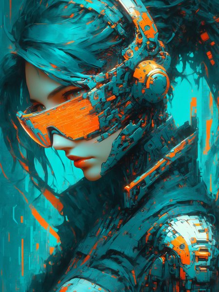 woman, mad-cybrpnkimprss, teal and orange, cyberpunk, impressionism, (masterpiece:1.2), best quality, (hyperdetailed, highest detailed:1.2), high resolution textures