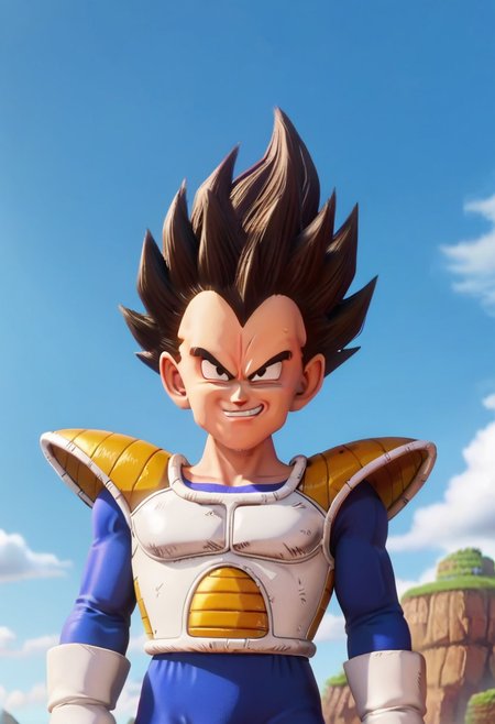 source_anime, score_9, score_8_up, score_7_up, anime screencap,8k, absurd res, vegeta, solo, black hair, gloves, 1boy, upper body, male focus, outdoors, sky, cloud, armor, black eyes,  smug smile, cloudy sky, spiked hair, green background, serious, saiyan armor, v-shaped eyebrows, looking at viewer,  blue bodysuit, arms at sides, white gloves, Illuminationstyle, 3d