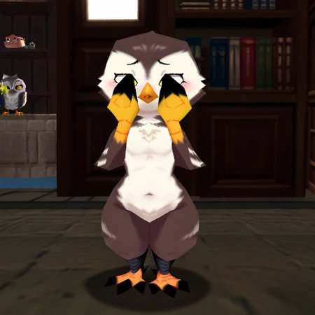 score_9, score_8_up, score_7_up, score_6_up, toony, realistic, solo, 1girls, shy, blush, hiding, covering face, furry, avian eagle owl, chickub, bird, semi feral, nerdy, atlyssstyle, low poly, smug, flat chest, shortstack, wide hips, medium belly, video game background