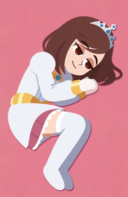 1girl, solo, no lineart, paper texture, 
<lora:BekBry:0.6> bekbry, brown eyes, brown hair, medium hair, swept bangs, petite, elegant princess outfit, puffy long sleeves, frilled skirt, thighhighs, tiara, lace gloves, lying, on side, sleeping, soft smile, quiet rest,
 <lora:GrittySugar:1> grittysugar, extremely detailed, highres, masterpiece, best quality