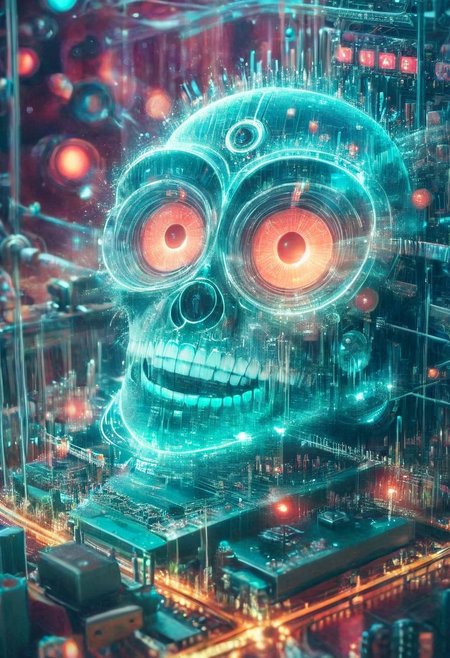 double exposure of opera diva Hatsune Miku with long floating aqua twintails singing high note merging with a printed circuit board of Yamaha electronics chip processor, <lora:DoubleExposure:1>, (head:1.8), <lora:The Phantom of the Opera style:1.5> The Phantom of the Opera style, <lora:loraeyesxl:0.4>