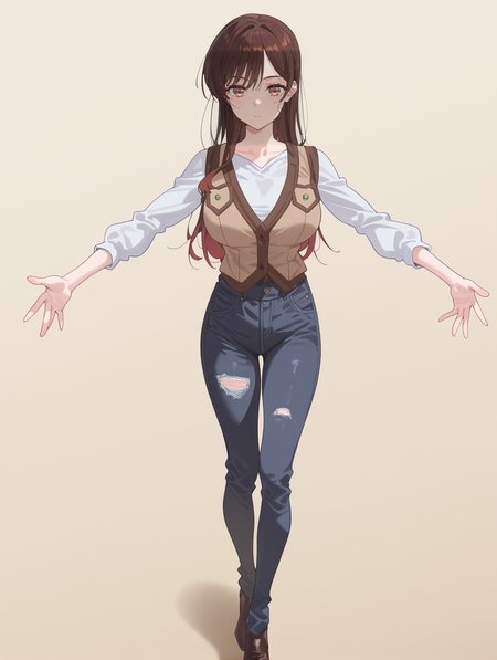 masterpiece,best quality,amazing quality,very aesthetic,absurdres,newest,
front view,full_shot,Contemplative expression,
ChinoseChizuruCYQL,1girl,solo,brown hair,long hair,bangs,brown eyes,large breasts,Suede vest, white blouse, bootcut jeans,
full body,standing,outstretched_arms,,
deeppink background,simple background,
<lora:ponyv4_noob1_2_adamW:0.6>,<lora:spo_sdxl_10ep_4k-data_lora_webui:0.6>,<lora:USNR STYLE_XL_loha:0.45>,<lora:HG2512 by CYQL:0.9>,HG2512,usnr,,<lora:ChinoseChizuruCYQL:1>,