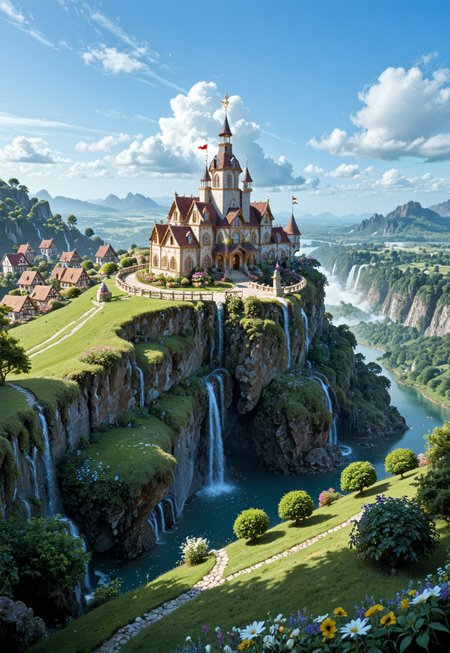 a whimsical scene of a floating island high above the clouds. The island should be lush and green, with waterfalls cascading over the edges and rainbows arcing through the mist. Include a small, enchanting village with houses built from natural materials, and gardens filled with exotic flowers. Depict hot air balloons and flying creatures, such as dragons and griffins, soaring around the island. Add a sense of magic and wonder with glowing orbs of light and mystical creatures roaming freely. Ensure the overall atmosphere is dreamlike and captivating, transporting viewers to a fantastical world above the clouds.
 <lora:add-detail-xl:1>
 <lora:Dynamic Poses:1>