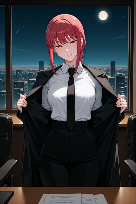 beautiful detailed eyes, masterpiece, best quality, intricate details, absurdres, 1girl, solo,
 <lora:P-IL-Makima:1>, m4k1m4, red hair, yellow eyes, ringed eyes, braid, braided ponytail, bangs, sidelocks,
formal, white collared shirt, long sleeves, black necktie, high-waist pants, black pants, suit, shirt tucked in, black coat, long coat, 
medium breasts, head tilt, seductive smile, parted lips, beautifull lips,
opening clothes, coat open, looking at viewer, low angle, 
sleek office, polished wooden desk, minimalistic decor, large cityscape window, neon-lit skyline, twilight city view, dark leather chair, scattered documents, subtle crimson glow, chainsaw man aesthetic, commanding atmosphere, starry sky, moon,