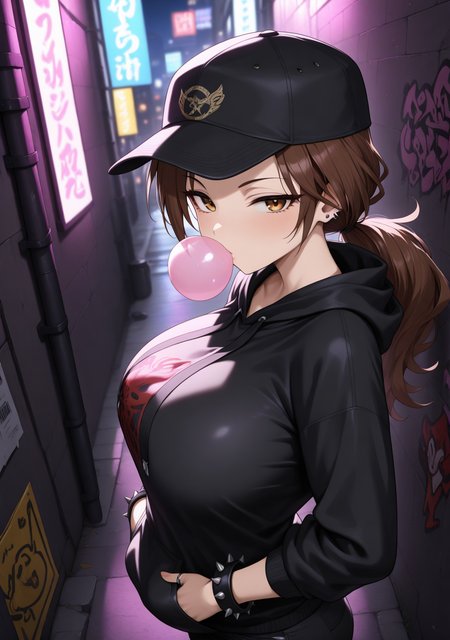 masterpiece, best quality, absurdres, perfect lighting,shiny skin,<lora:StS-Illustrious-Detail-Slider-v1.0:3>,<lora:illustrious_noobai_epsilon_pred_1_best_quality_v1:1>,1girl,huge breasts,kawashima mizuki,brown hair,long hair, parted bangs,low ponytail, <lora:kawashima_mizuki:1>,punk,hoodie,baggy pants,baseball cap,ring,spiked bracelet,piercing, depth of field, night, alley,graffiti,naughty face, looking at viewer,hands in pockets,chewing gum,expressionless,