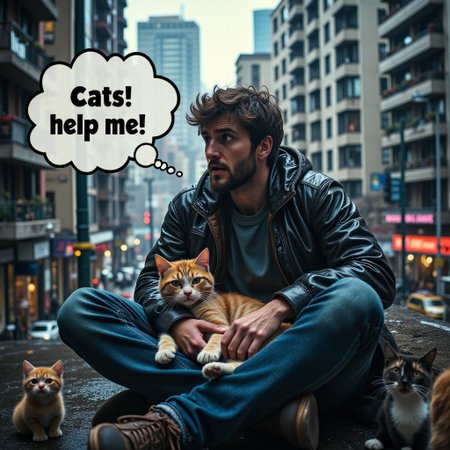 A man sitting on the side of a apartment building looking terrified and ((yelling "Cats! help me!" in a thought bubble)), the scared man is looking at his lap where an adorable Cat is laying down, more cut cats and kittens purr and surround the man, super cute cat on mans lap, the man is wearing jeans and a cool jacket, cyberpunk city, high resolution, highly detailed, photorealistic, cinematic/ detailed digital hyper realistic intricate details, HDR, beautifully shot, hyper realistic, sharp focus, 64 megapixels, perfect composition, high contrast, cinematic, atmospheric, moody
