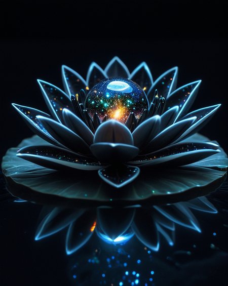 concept art showing intricate details of an [closed origami black lotus made with (black opal and black pearl  paper and pure black opal and black pearl  petals:1.3)  with an infinitesimally small  sphere a small sphere made of (motion, glowing white plasma, glowing internally with a multicolored florescent galaxy of stars, white plasma covers the surface) at it's center: closed sacred lotus with pure (black opal and black pearl  petals1.3) and a pure black seed pod replaced with a infinitesimally small  sphere made of (motion, glowing white plasma, glowing internally with a multicolored florescent galaxy of stars, white plasma covers the surface):0.98].  At the center of the flower is an infinitesimally small  sphere made of (motion, glowing white plasma, glowing internally with a multicolored florescent galaxy of stars, white plasma covers the surface). (the flower is floating on a tranquil placid lake, sitting on a white gossamer lily pad:1.3). soft artistic double light, night, night shoot, set a background of a starry sky, moonlight, god rays, volumetric lighting,. Masterpiece, by Annie Leibovitz , high resolution detail, studio photo quality,  Zoom Burst shot,  <lora:BlackOpalPearl:0.7> BlackOpalPearl, <lora:Bio-Luminescence:1> bioluminescent,