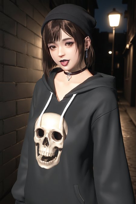 score_9,score_8,score_7_up,best quality,high detailed,
sayuri \(doa\), 1girl, solo,
mole under eye, brown eyes, dark brown hair, shiny hair,
bob cut, short hair,((blunt_bangs)),hime_cut,  
moody nighttime atmosphere, v, tongue out, oversized hoodie,skeleton_print hoodie,  beanie, piercing, oversized clothes, dark eyeshadow, eyeliner, black lipstick, choker, punk, collarbone,
BREAK rim lighting, (chromatic aberration:1.1), dark moody, low-light.night,street,alley, 
 <lora:doa_sayuri_pdxl_v11:1.0>