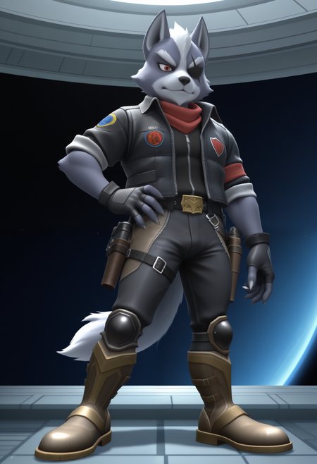 masterpiece,best quality, amazing quality, 1boy, solo, wolfSF, wolf boy, eyepatch, red scarf, black vest, pilot black shirt, pilot fingerless gloves, pilot black belt, pilot black pants, pilot steel boots, pilot gun holster, single hand on hip, 

 
space, space ship,
