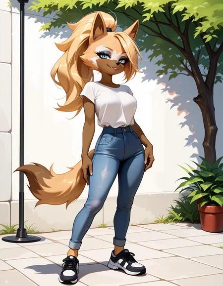 masterpiece, best quality, very aesthetic, absurdres,
outdoors, casual, 
full body, standing, posing, 
 seductive smile, parted lips, long eyelashes,
 <lora:Whisper_the_Wolf_v01_NAIXL:1>,
Wh15p3r,1girl,solo,furry,furry female,wolf girl,long hair,blonde hair,wolf ears,ponytail,blue eyes,makeup,anout,animal nose,fangs,body fur,two-tone fur,orange fur,brown fur,wolf tail,
