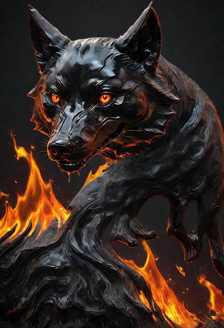(masterpiece))
a wolf head,
HDR, hyper realistic, 
Black goo,
godly auburn light, flames,