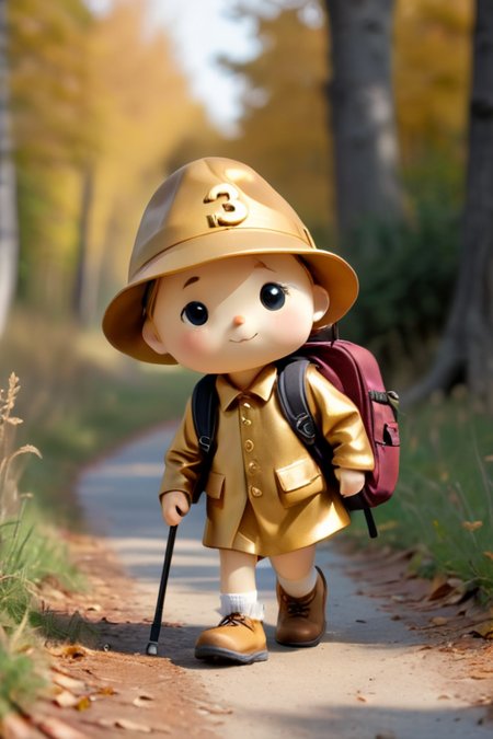 a cute little
front view small golden pilgrim with backpack walking with a walking number 13 in the  cap