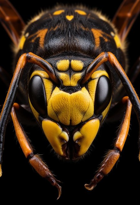 Highly detailed macro shoot of the giant hornet's eyes, compelling viewers to acknowledge and respect the potent force of the natural world, a hanting image of the giant hornet's  close-up, enhanced textures, beautiful, vibrant, 16K, ultra HD, ultra-detailed, amazing quality, sharp edges, detailed textures, full view