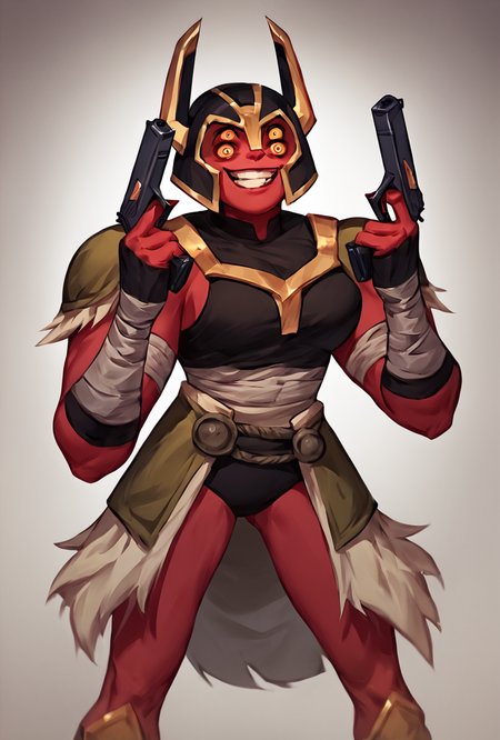 score_9, score_8_up, score_7_up,,  good quality ,, character focus, solo, , best quality , ,   <lora:looma-09:1>  looma, solo, red skin, armor, 1girl, bandages, shoulder armor, helmet, horns,  <lora:DanielRadcliffeHoldingTwoGunsMeme_pdxl_Incrs_v1:1> handgun, holding gun, holding weapon, dual wielding, finger on trigger, smile, grin, crazy eyes