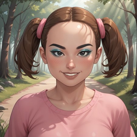 score_9, score_8, BREAK, solo, wii, mii, wii sports, 1girl, female mii, brown hair, twintails, black eyes, black eyebrows, blue eyeshadow, makeup, blush, brown lips, lipstick, teeth, pink clothing, white pants, barefoot, big breasts, nintendo mii, modern_mii, classic_mii, Yaami_(OC_Mii), plump, fat, chubby, sexy pose, self portrait, smile, outdoors, sunlight, shadows, evening lighting, natural lighting, forest, trees, grass, orange sky, sunset