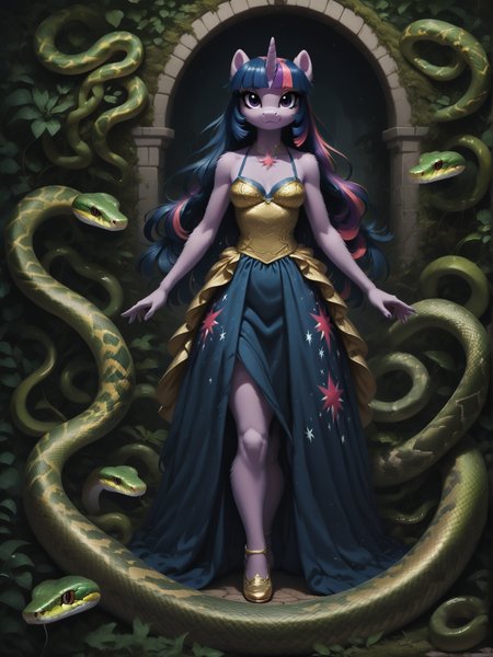 score_9, score_8_up, score_7_up, score_6_up,  1girl, solo, (Twilight Sparkle:1.3) \(mlp\), (anthro pony:1.1), tail, dress,
<lora:Serpent_World:1> snake, <lora:Anime Summer Night Style SDXL_LoRA_Pony Diffusion V6 XL:0.5>  <lora:Realistic000003_1_2.5DAnime_0.05_Merge1:0.5>  <lora:MegaFluffyPony:0.5> MegaFluffyPony, furry, fluffy, dark theme, low light,