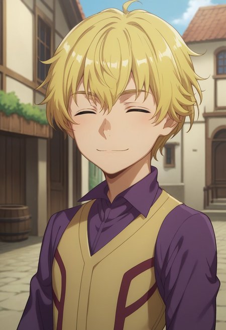 score_9, score_8_up, score_7_up, source_anime, highly detailed, 
deimne, solo, 1boy, male focus, blonde hair, closed eyes, smile, looking at viewer, pantyhose, purple panthyhose, shirt, purple shirt, tunic, upper body,
outdoor, buildings, medieval