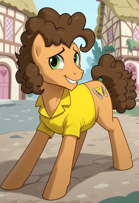 safe_pos, safe_pos, score_9, score_8_up, score_7_up, rating_nsfw, ultra hd, absurdres, solo, masterpiece, best quality, best aesthetic, Expressiveh, wolfconf,

MLPCheeseSandwich, brown hair, green eyes, yellow shirt, pony, no humans, grilled cheese cutie mark, ponyville, looking at viewer, smiling, on all fours