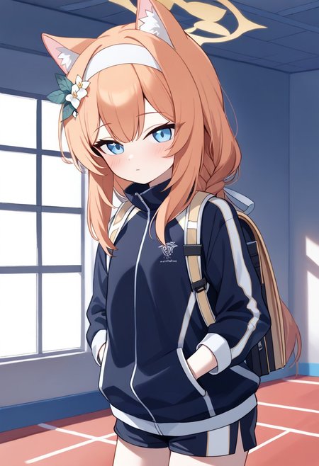 score_9, score_8_up, score_7_up, upper body Mari_(Track)_(Blue_Archive), blue_eyes, orange_hair, braid, long_hair, flat_chest, halo, hair_flower, animal_ear_fluff, gym_shorts, blue_shorts, track_jacket, blue_jacket, white_hairband Mari_(Blue_Archive),indoors,tactical backpack easynegative,tactical vest,tactical ribbons