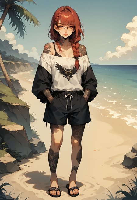 score_9, score_8_up, score_7_up, score_6_up, score_5_up, score_4_up, (masterpiece, best quality, high quality, highres, ultra-detailed), source_anime, 1girl, solo, standing, full body, red hair, low-braided long hair, oversized shirt, band shirt, off shoulder, bra strap, oval glasses, small eyewear, semi-rimless eyewear, peeking over eyewear, half-closed eyes, board shorts, hands in pockets, flip-flops, beach, <lora:Sinozick_Style_XL_Pony:0.1> sinozick style, flat color, <lora:jym-r4t:0.1> <lora:t4tsXLP:0.8> tattoos, tattoo,